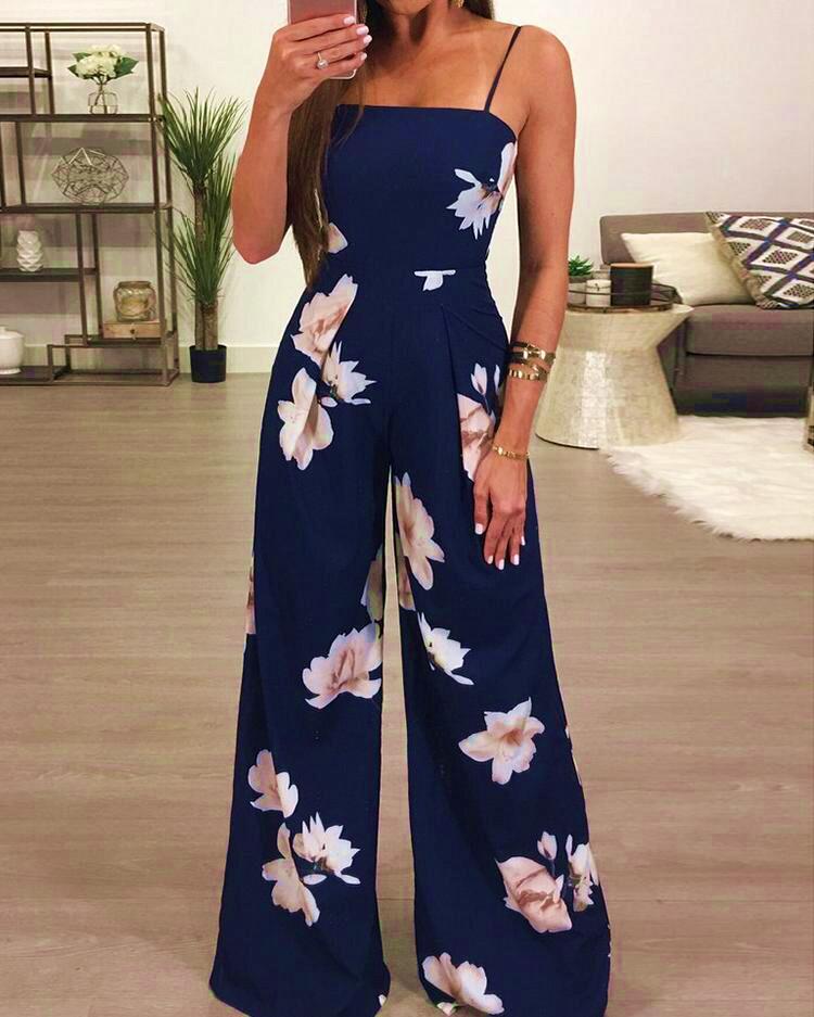 Dam sommar playsuit romper jumpsuit dam ärmlöst avslappnat blommönster: Blå / L