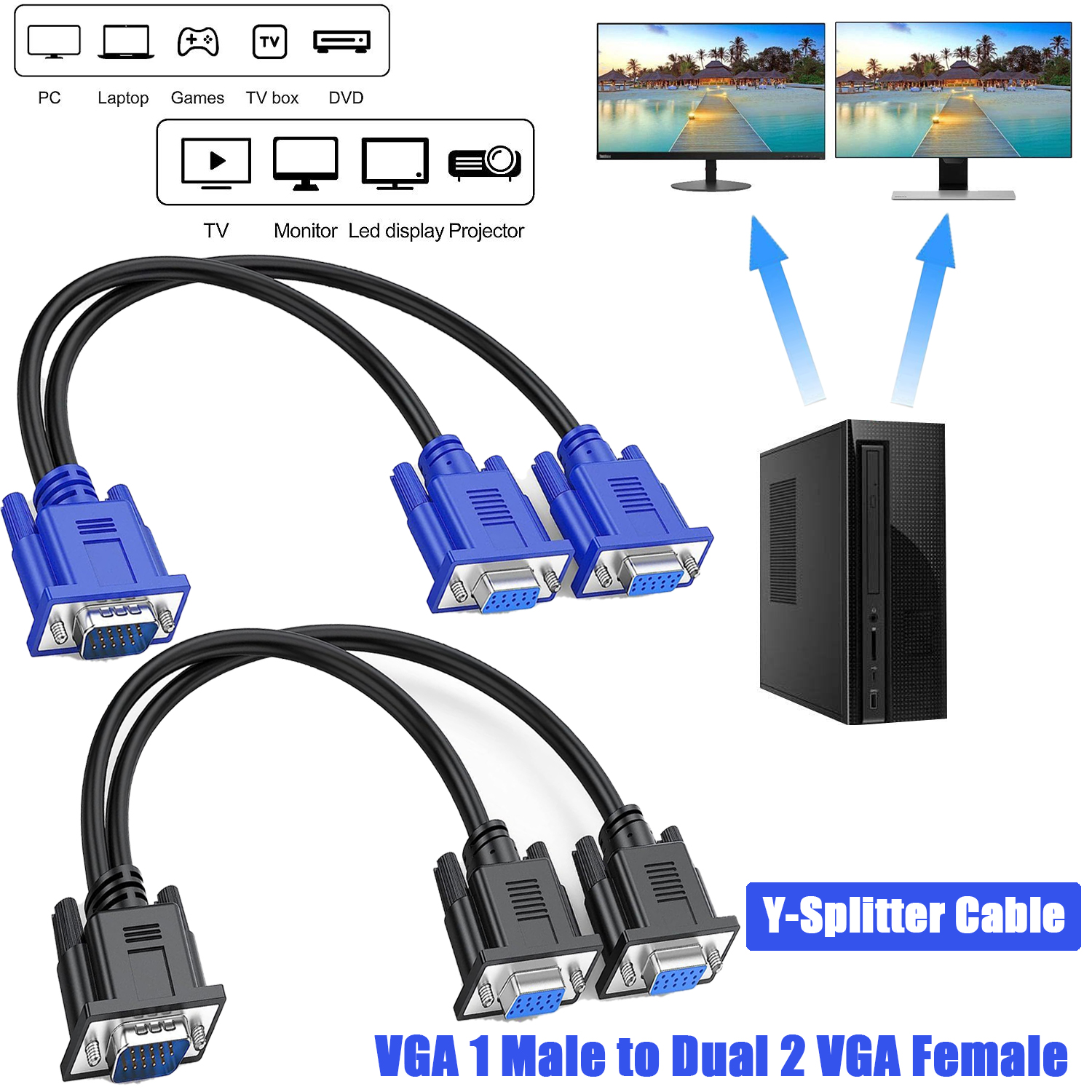 VGA-Splitterkabel, 1080P, Dual-VGA-Monitor, Y-Kabel, 1 Stecker auf 2 Buchsen, Adapterkabel zur Bildschirmvervielfältigung für Projektoren, HDTVs