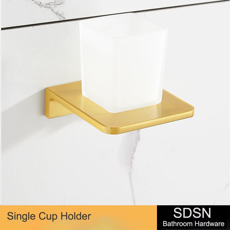 Barhroom Hardware Sets SDSN Brushed Gold Bathroom Hardware Set Space Aluminum Toilet Brusher Holder Bathroom Towel Rack Hook: single-cup-holder