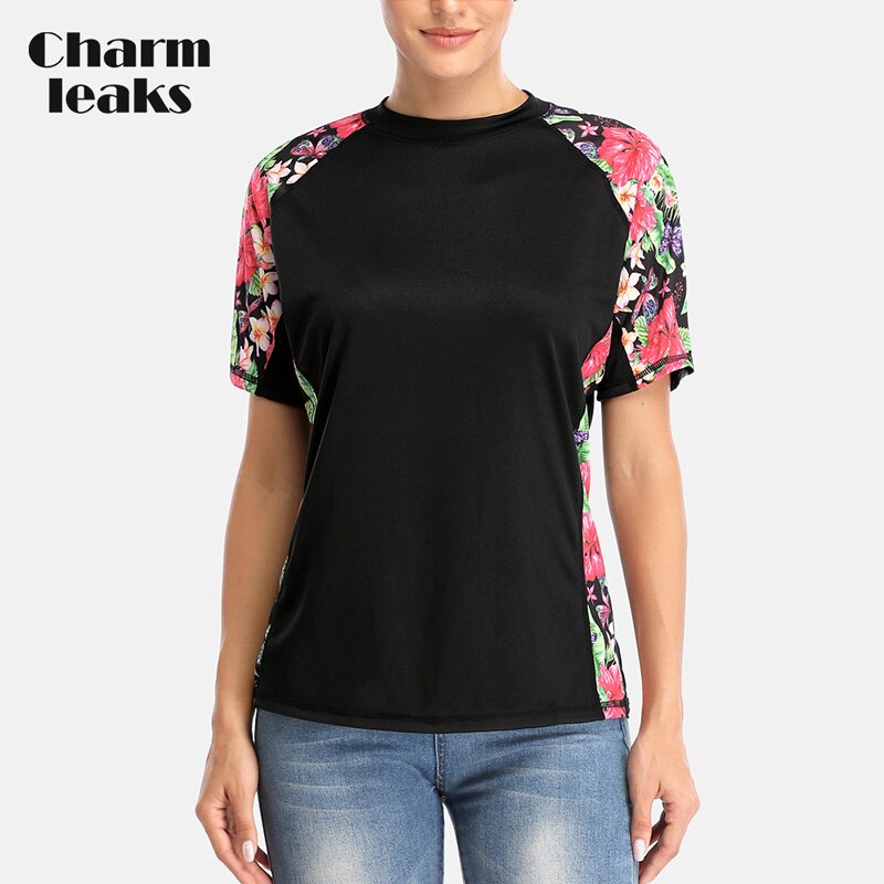 Charmleaks kvinder kortærmet hurtigttørrende skjorte retro blomsterprint køretop rashguard rash guard upf 50+  vandreskjorter: Bla / Xxl