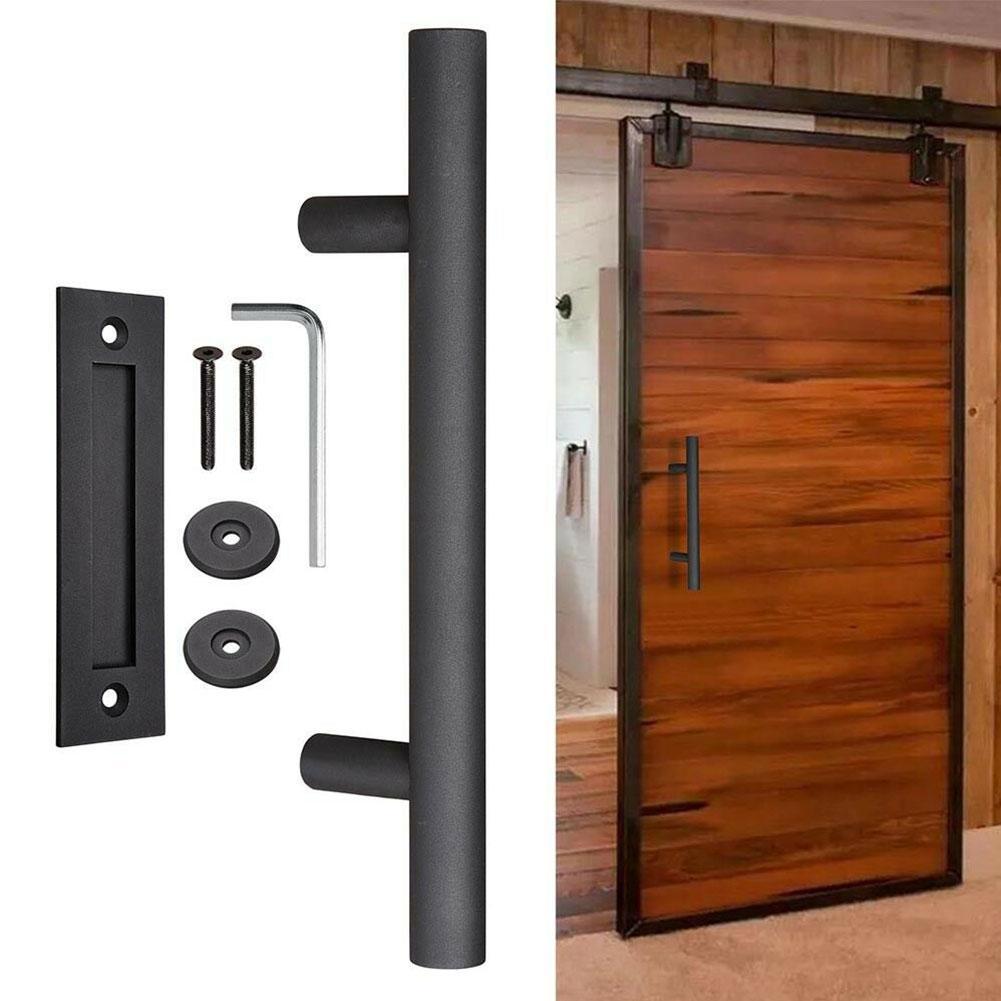 Black Steel Sliding Barn Door Handle Pull Cabinet Flush Hardware Set Indoor Interior Door Handle Flush Pull Set