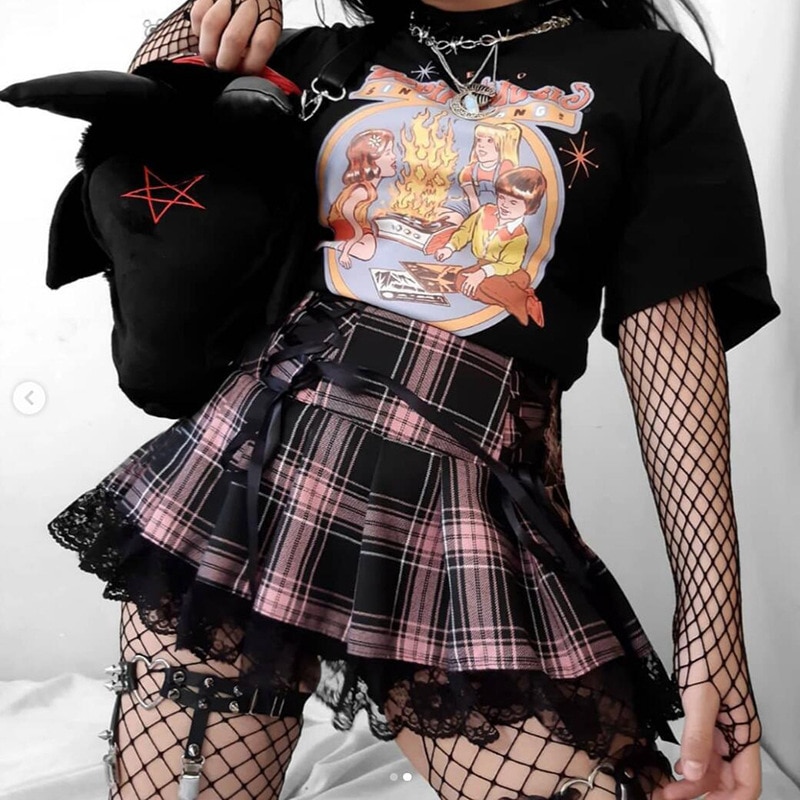 Minifalda gótica de Lolita para mujer, tutú con volantes, rosa, cuadros, plisado, Emo, Punk, oscura, Academia, ropa Grunge
