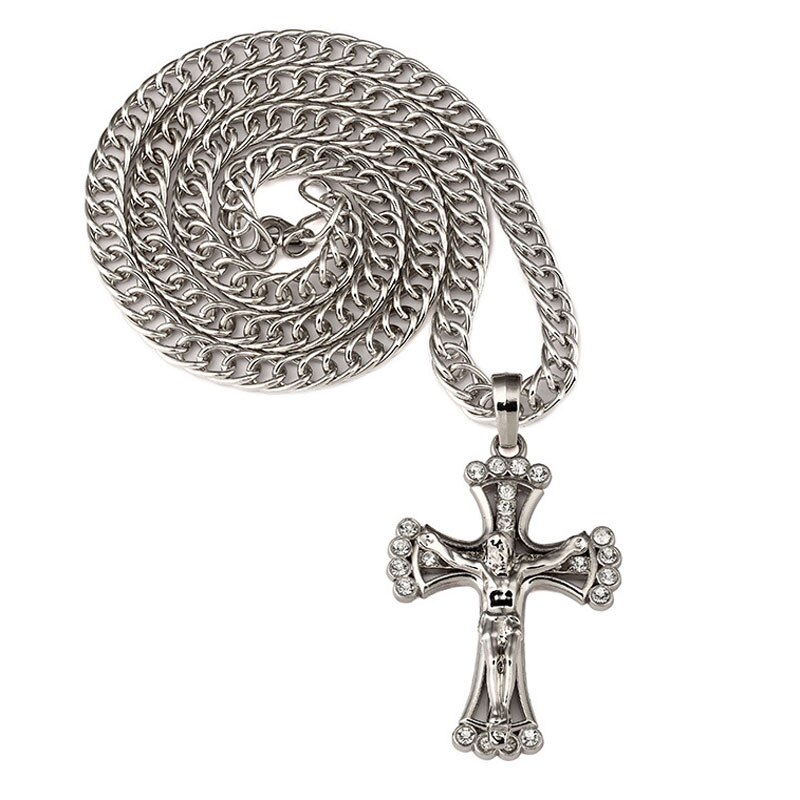 Mens Hip Hop Iced Out Crystal Gold Color Jesus Cross Bling Bling Pendants Necklaces With Cuban Chains Jewelry Xmas