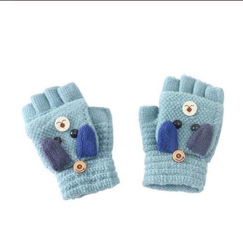 Winter Christmas Kids Warm Gloves Primary School Cashmere Knit Flip Half Finger Gloves Cartoon Mittens For Boys Girls 6-12Y: Blue