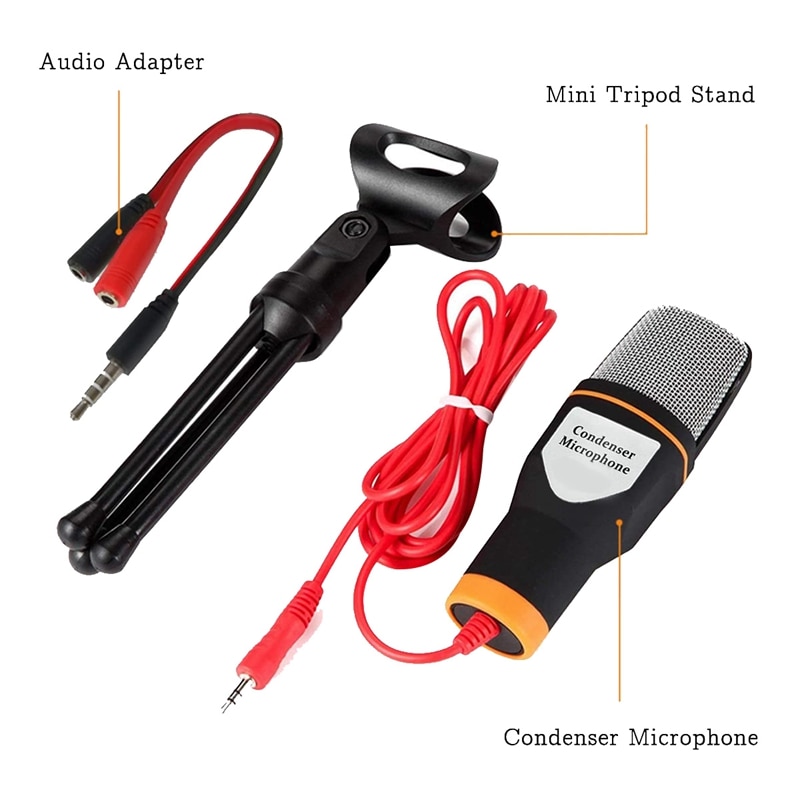 Med mikrofonstativ , 3.5mm jack optagekondensatormikrofon kompatibel med pc, laptop, pad, telefon tablet mikrofon