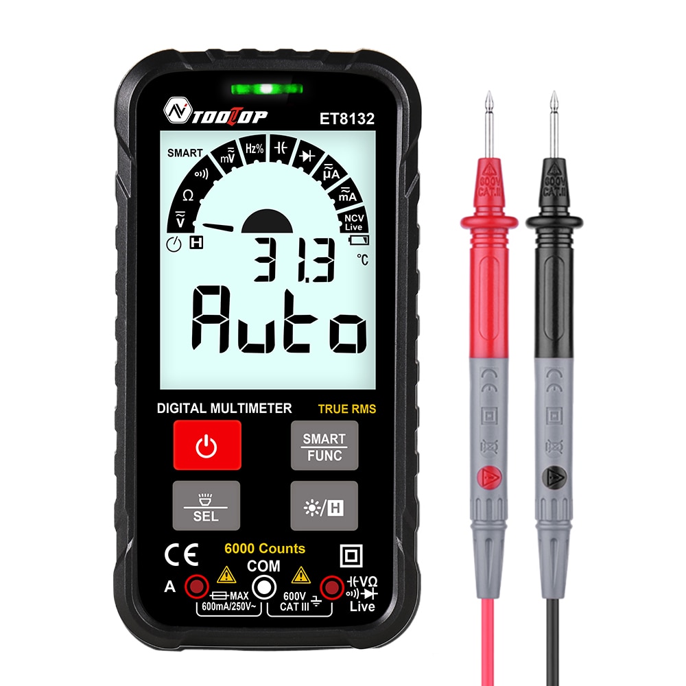 TOOLTOP ET8132 Digital Multimeter AC DC Voltage Current Resistance Frequency Meter Automatic Identification True RMS 6000 Counts: Default Title