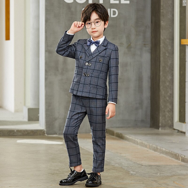 Costume à carreaux pour garçon, costume de smoking formel à Double boutonnage pour enfant, veste de fête, anneau porte-queue, Blazer, pantalon