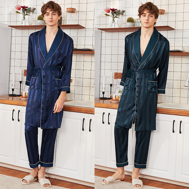 Men's kimono bathrobes set spring and summer long-sleeve long trousers striped large size home suit dressing gown for men pajama