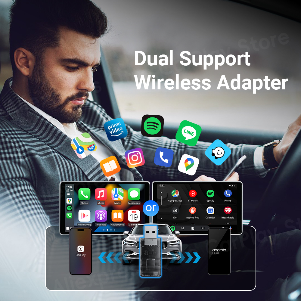 Android Auto CarPlay adaptateur sans fil 2 en 1 Mini voiture systèmes intelligents lecteur accessoires Navigation musique commande vocale
