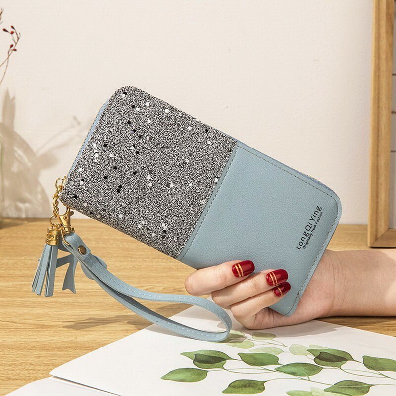 Puimentiua pailletten-Patchwork-glitzergeldbörse für damen, lange geldbörse aus pu-leder, münzfach, damengeldbörsen, mädchengeldbörsen: 3