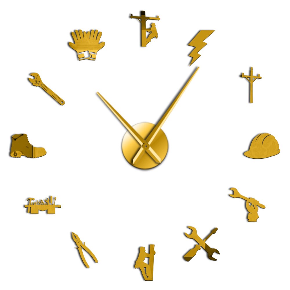 Elektriker Werkzeug Linienrichter Stumm 3D DIY Wanduhr Elektrische Reparatur Acryl Spiegel Oberfläche Zauberstab Dekor Uhr Uhr Für Linienrichter: Gold / 27Zoll
