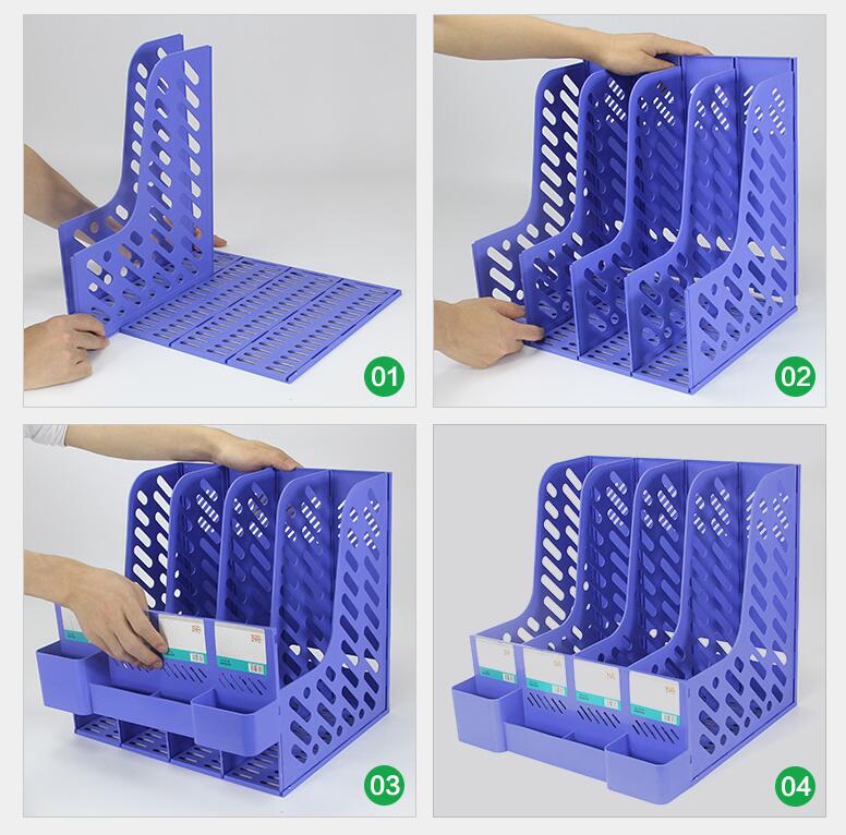 Uppdaterad 4 lager pp klassisk plast fil fack pappershållare kontor skrivbord dokument arrangör papperslåda blå svart omonterad