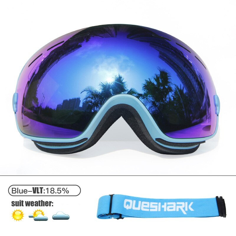 Queshark Mannen Vrouwen Skibrillen Dubbele Lagen UV400 Anti-Fog Grote Ski Masker Skiën Bril Sneeuw Snowboard Goggles Eyewear met Zak: Blue