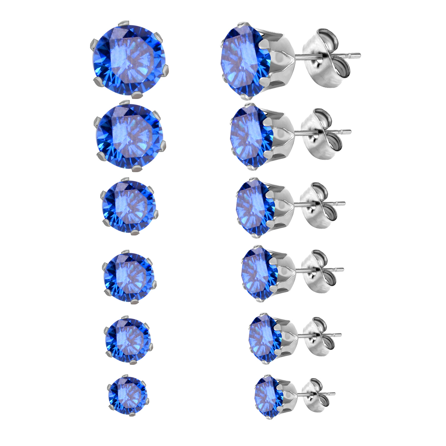 LUXUSTEEL 6 Paare/einstellen CZ Ohrstecker Edelstahl rund weiß Zirkonia hypoallergen 6 Krallen Ohrring trendiger Schmuck: Blau verzinkt