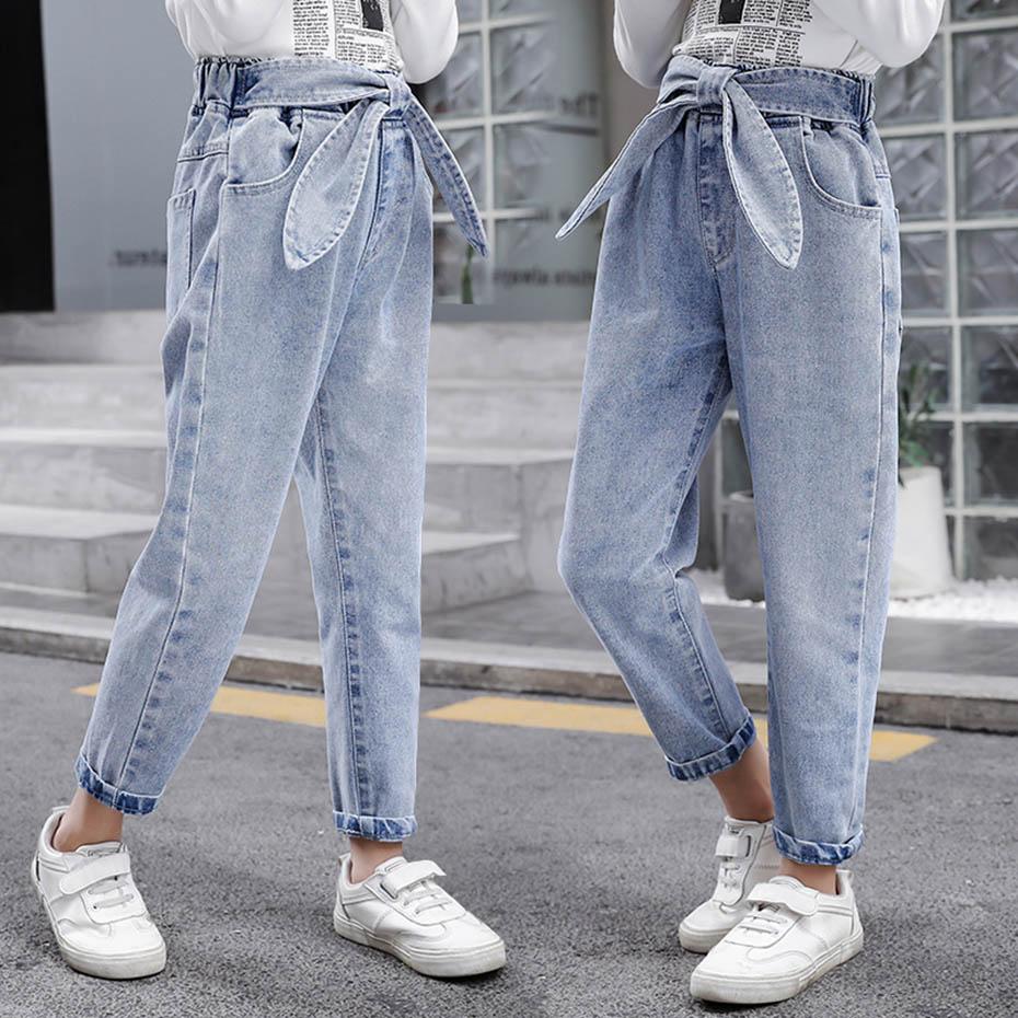 Forår børne jeans pige solide jeans til piger sløjfe piger jeans bukser efterår afslappet pigetøj 6 8 10 12 14 år