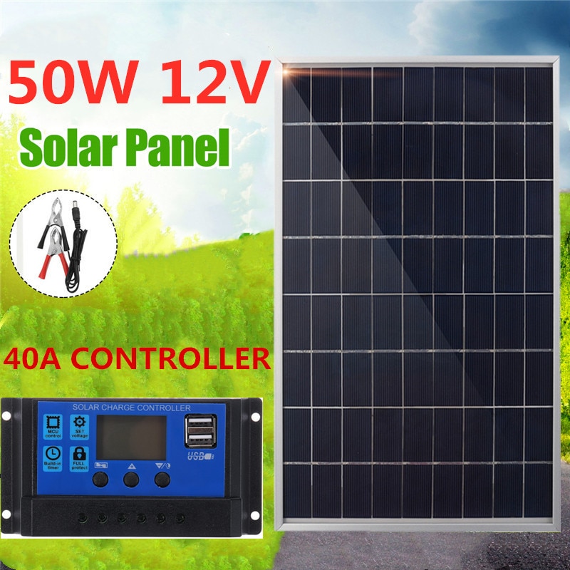 50w 12v solcellepanel usb monokrystallinsk celle  +40a solcelle lader kontroller til batteri mobiltelefon lader med batteriklips