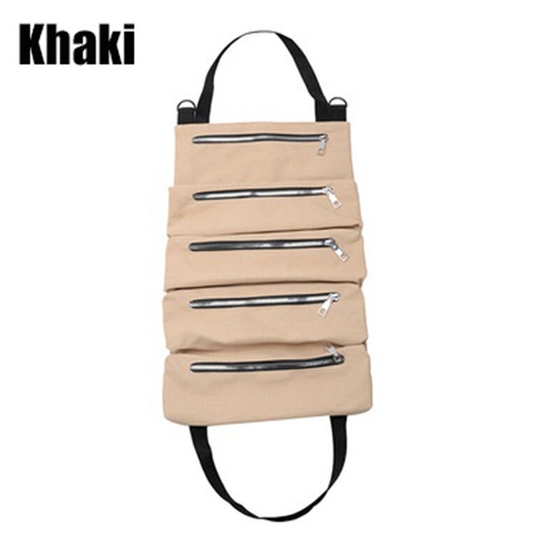 Multi-Purpose Tool Roll Up Bag Canvas Foldable Roll Pack Tool Bag Zipper Carrier Tote Working Storage Bag Waist bag: Khaki