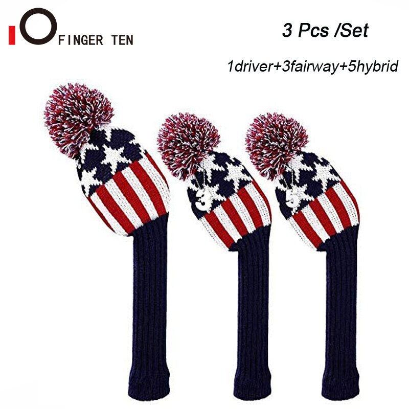 Knitted Pom Pom Golf Wood Head Cover Driver Fairway Hybrid No.1 3 5 Anti-Wrinkle Washable for Men Women Kids: 3 Pcs Set-Red