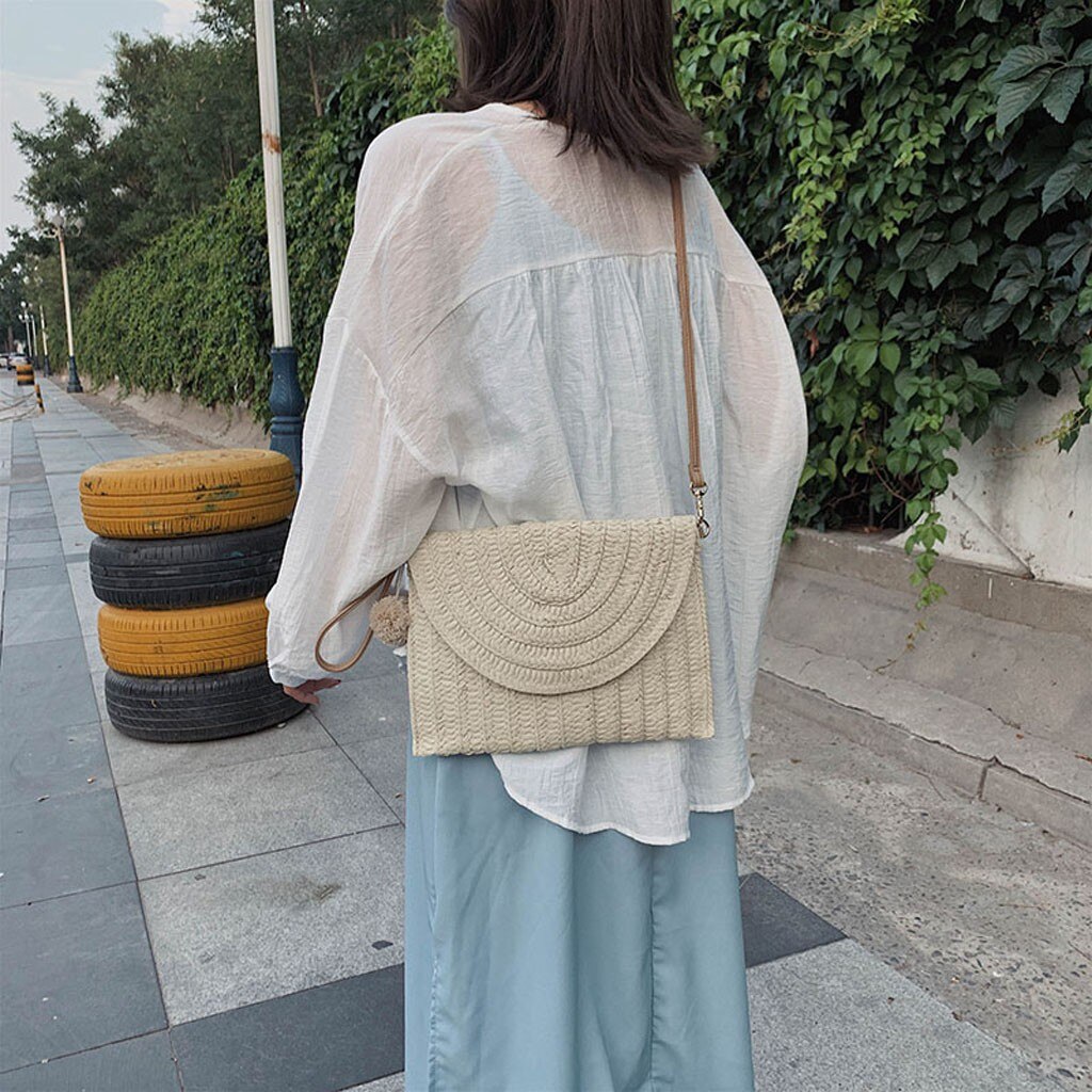 Simple Straw Circular Square Women Shoulder Bag Handmade Woven Bohemian Handbag Summer Beach Lady Wicker Tote Phone Bag Handbag