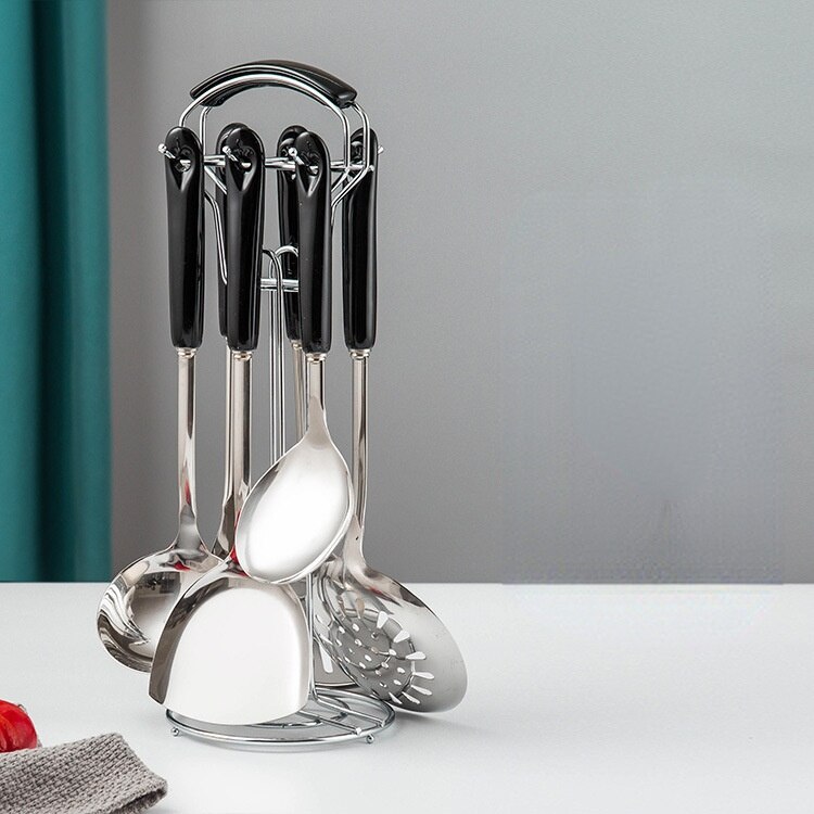 7PC Cookware Kitchenware Set Non-stick Luxury Stainless Steel Ceramic Handle Cooking Utensils Kitchen Tools Accessories: 7pcs Black silver