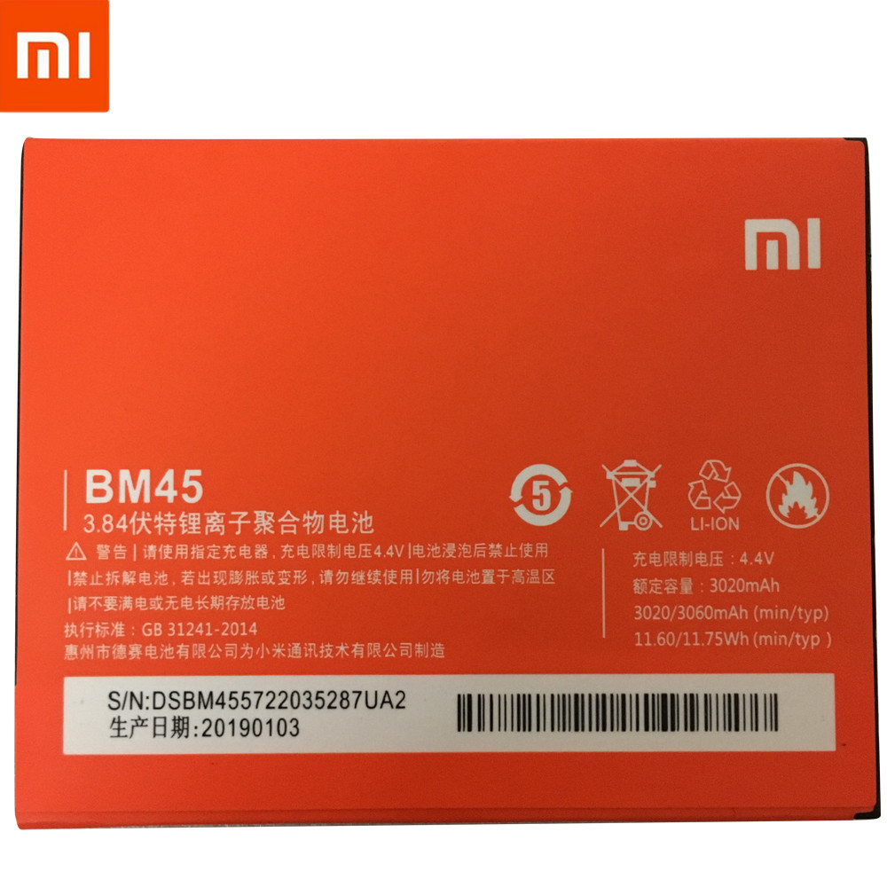 100% Originele BM45 Telefoon Batterij Voor Xiaomi RedMi Note 2 Bateria Hongmi Real 3060mAh Mobile Vervangende Batterij