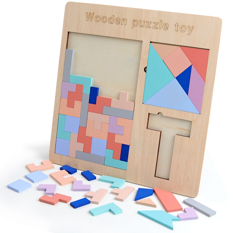 3D Puzzle Wooden Tangram Math Toys Puzzle Tetriss Game Montessori Children Educational Jigsaw Puzzle Game Toy for Boys Girl Baby: F454