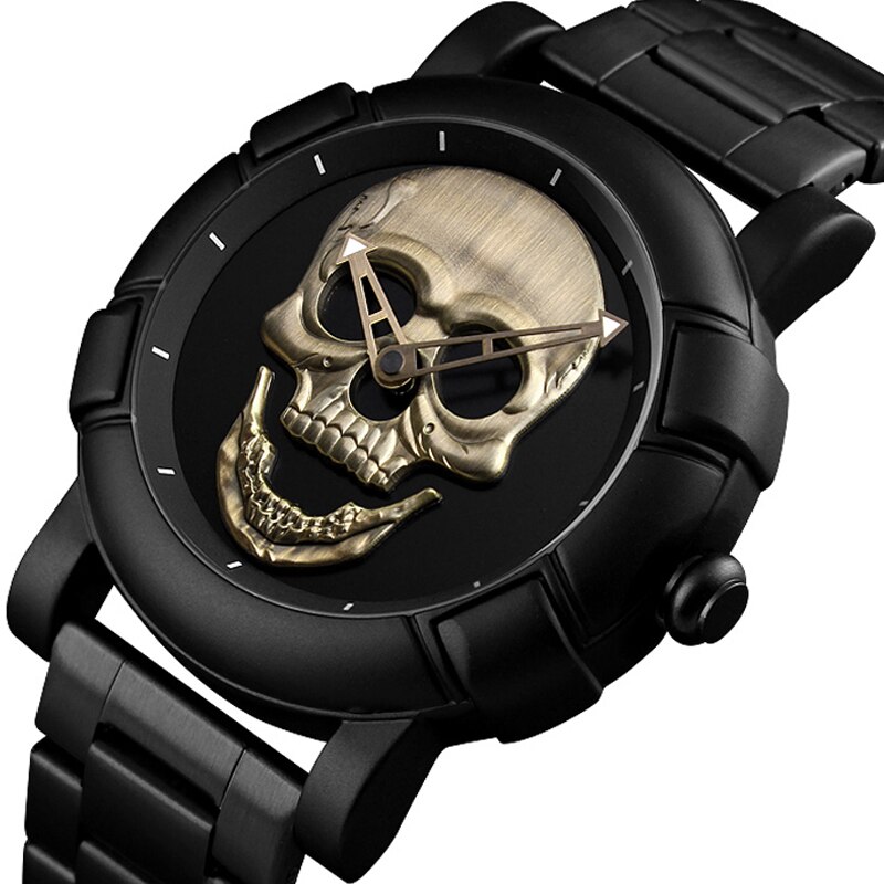 Black Gold Dial Quartz Watch Men 3D Skull Head Pattern Stainless Steel Steampunk Rock Engraved Cool Mexico Man Male reloj hombre: STEAMPUNK SKULL