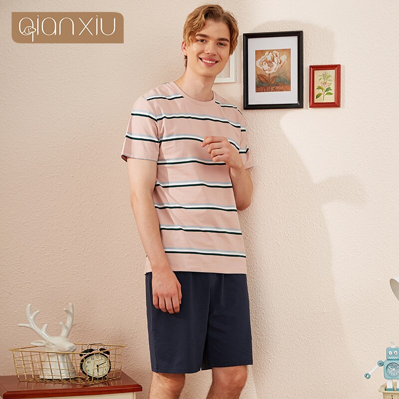 Men's knitted cotton short-sleeved pajamas QIAN XIU summer home leisure suit home wear pajamas 230