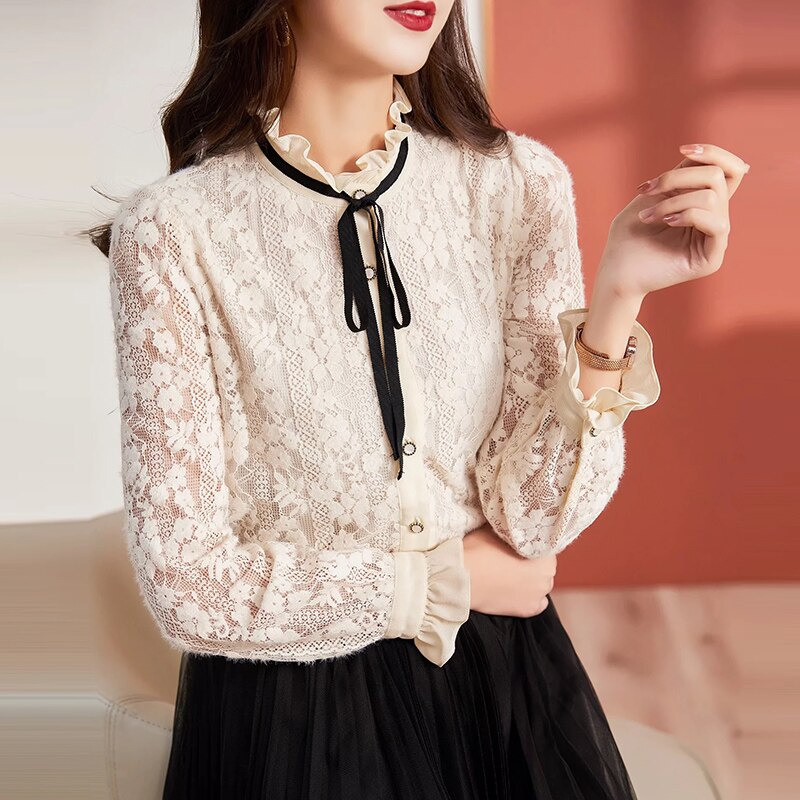 MIUXIMAO-Blusa de encaje de manga larga con cuello levantado para mujer, ropa de primavera, estilo de oficina, 2022