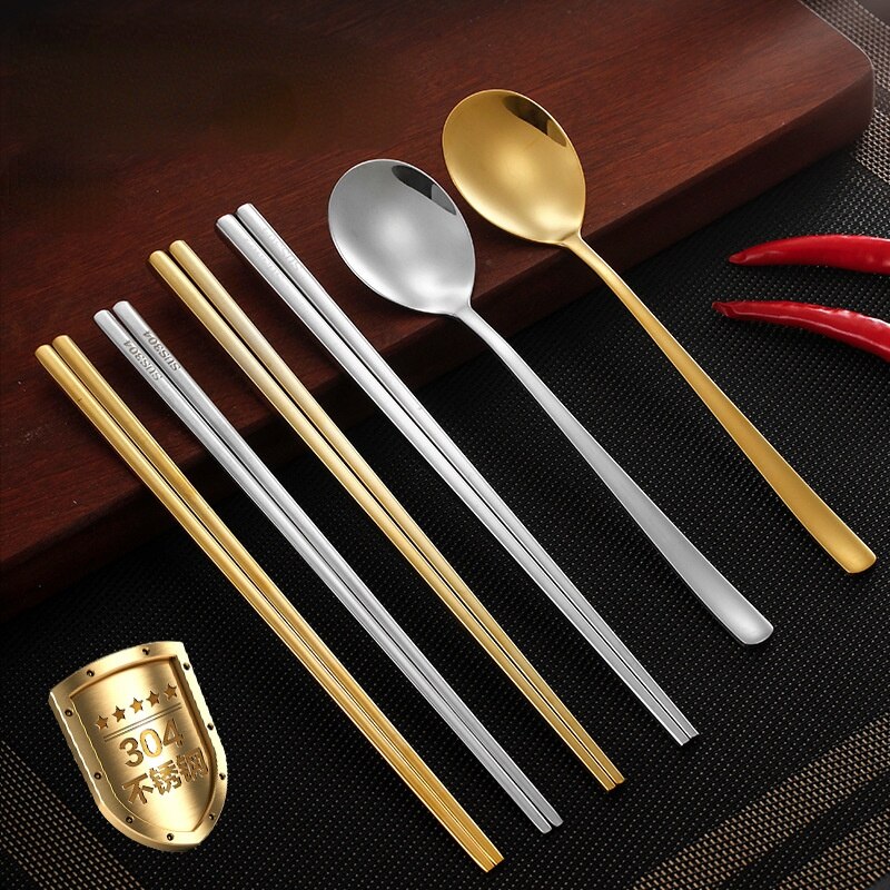 Palillos coreanos de acero inoxidable 304, palillos planos sólidos, cuchara de mango largo para el hogar, cuchara dorada para comer