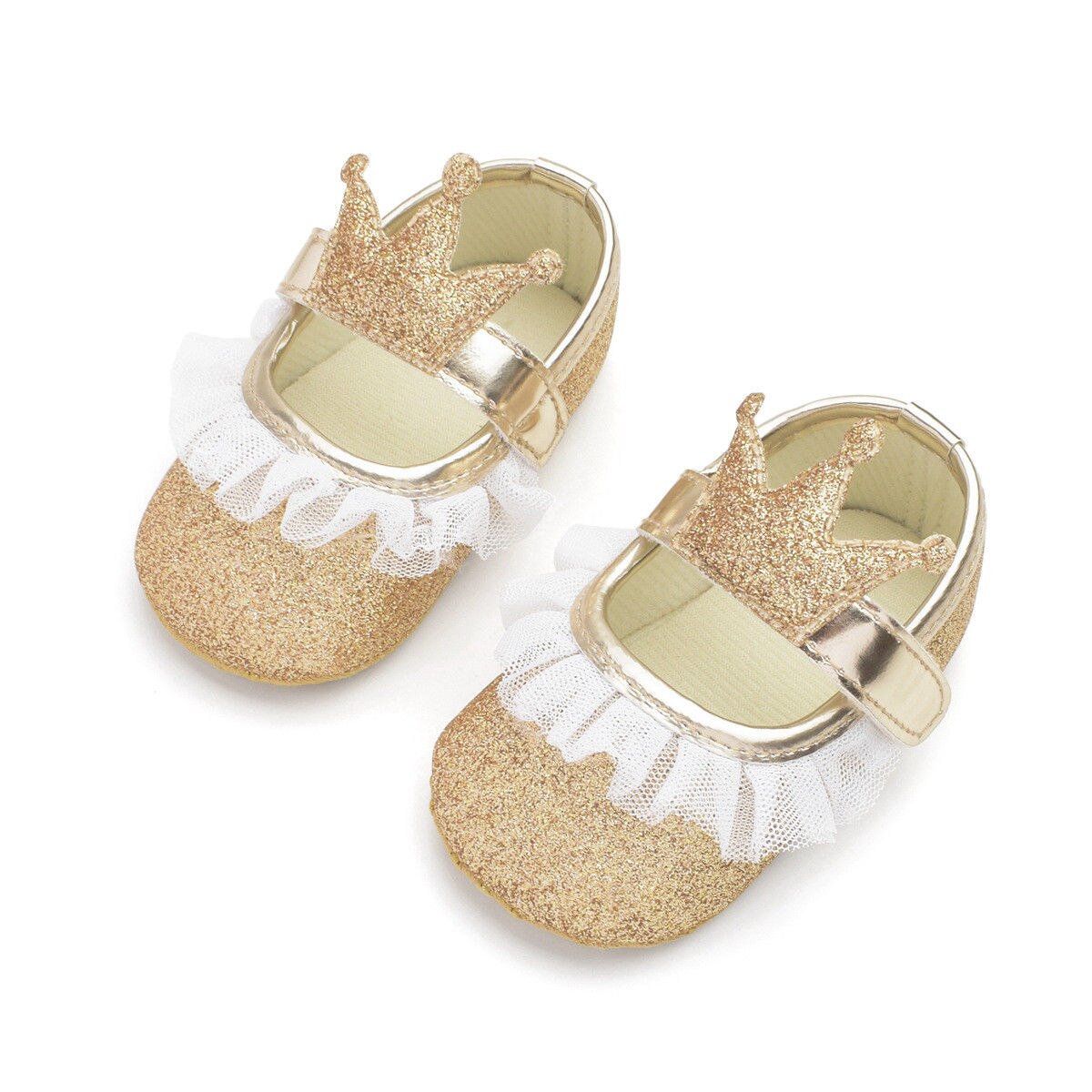Helt nyfødt spædbarn baby pige prinsesse blonde krone sko pailletter bomuld blød sål krybbe prewalker sko first walkers: Guld / 7-12 måneder