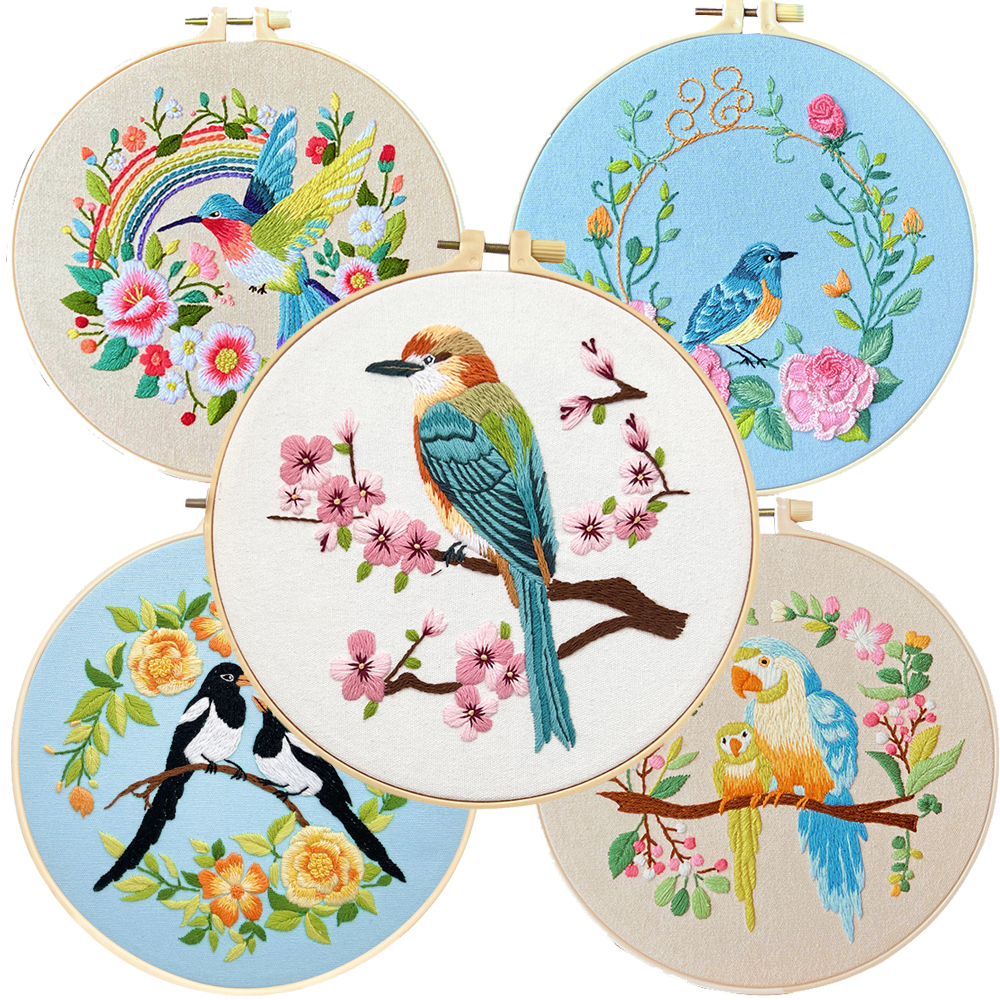 Kit de bordado de flores y pájaros para adultos principiantes, kits de punto de cruz estampados con patrón de pájaros, tela bordada estampada