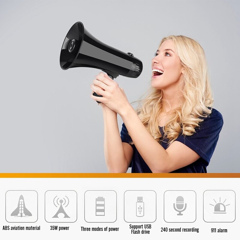 Power Portable 35W Bullhorn Megaphone Speaker with Built-in Siren USB Flash Drive 240S Recording Black