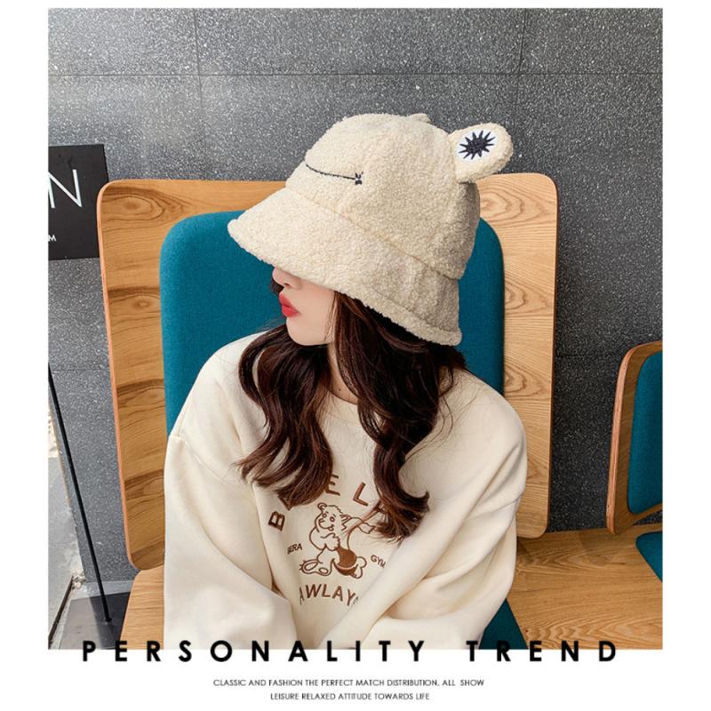 Lamb Wool Cat Ears Women Bucket Hat Autumn Winter Fisherman's Plush Bucket Hats Keep Warm Casual Cap Female Flat Top Hat