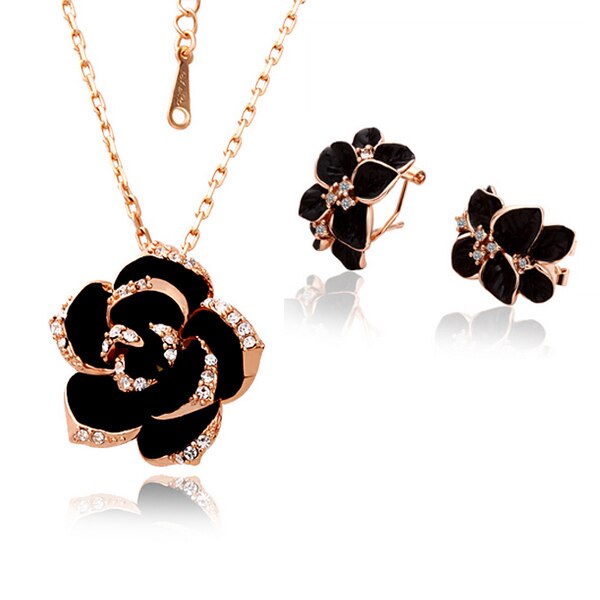 Rose Blume Emaille Schmuck-einstellen Rose Gold Farbe Schwarz Malerei Braut Schmuck setzt für Frauen Hochzeit 82606: Rose Gold Schwarz 2