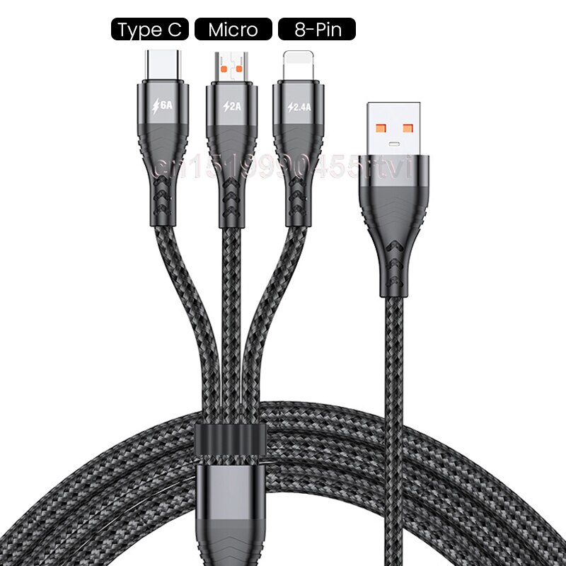 3-in-1 USB-Kabel 6A Schnelladen für iPhone, Huawei, Samsung - USB-A auf Typ-C, Mikro USB, Blitz: Schwarz / 2m
