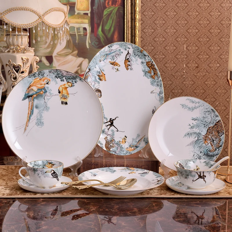 Juegos de platos de cocina, juego de tazas, cuenco, cuchara, platos de cena, taza, plato de postre, juegos de platos y platos de animales del bosque lluvioso