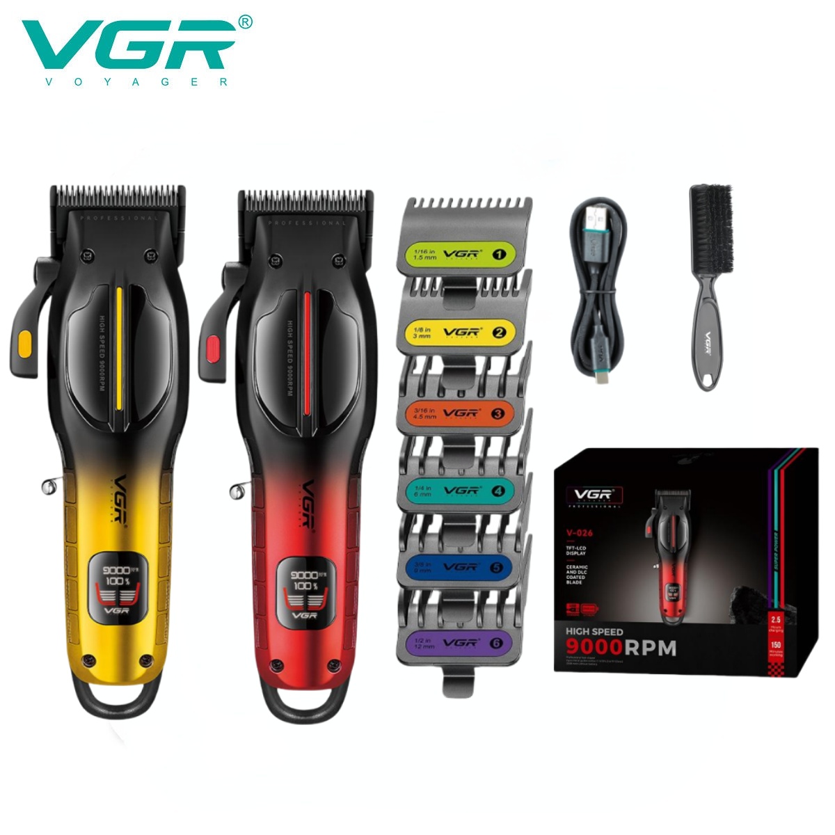 VGR Hair Trimmer Hair Cut Machine Electric Barber Adjustable Clippers 9000RPM TFT-LCD Display Trimmer for Men V-026