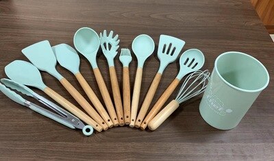 JOYLOVE 11 Uds conjunto de utensilios de cocina de silicona, mango de madera sólida rosa con caja de almacenamiento, Kit de utensilios de cocina accesorios de herramientas de cocina: Light Blue