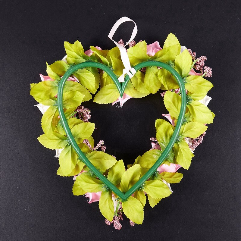 Hjerteformet kunstig blomsterkrans dørdekoration hængende kranse med silkebånd til bryllupsdekoration (pink ) 22 x 21 x 3.5cm