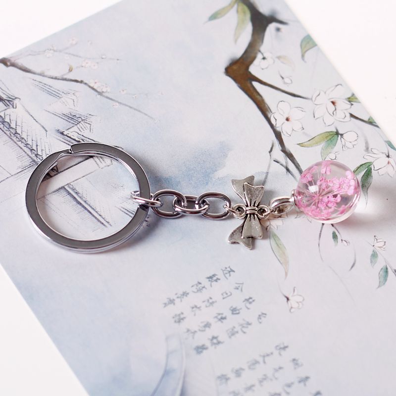 Ethnische Stil Einfache Schöne Getrocknete Blumen Glas Ball Legierung Bogen Anhänger Keychain Süße Mädchen frauen Schlüssel Tasche Zubehör: 12