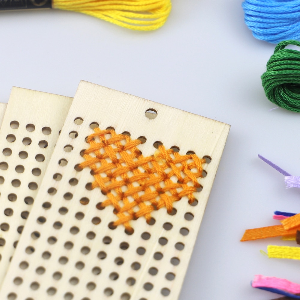 6Pcs Wood Rectangle Bookmark Cross Stitch Embroidery DIY Material Children Craft Art Kit Home Decoration Pendant Crafts