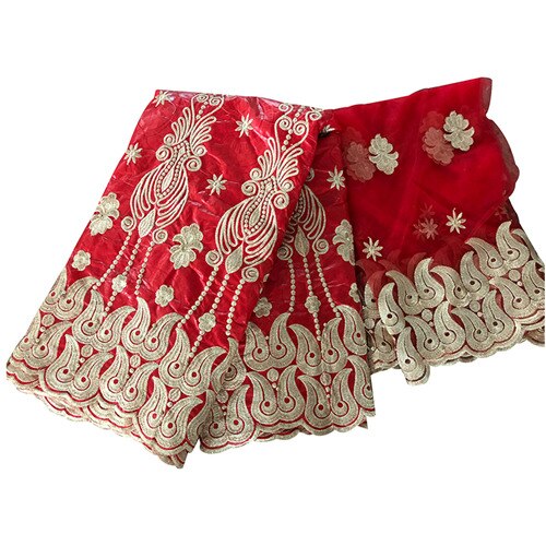 bazin riche getzner african guinea brocade fabric cotton fabrics embroidery tulle fabric gele headtie 5+2 yards/lot: Red