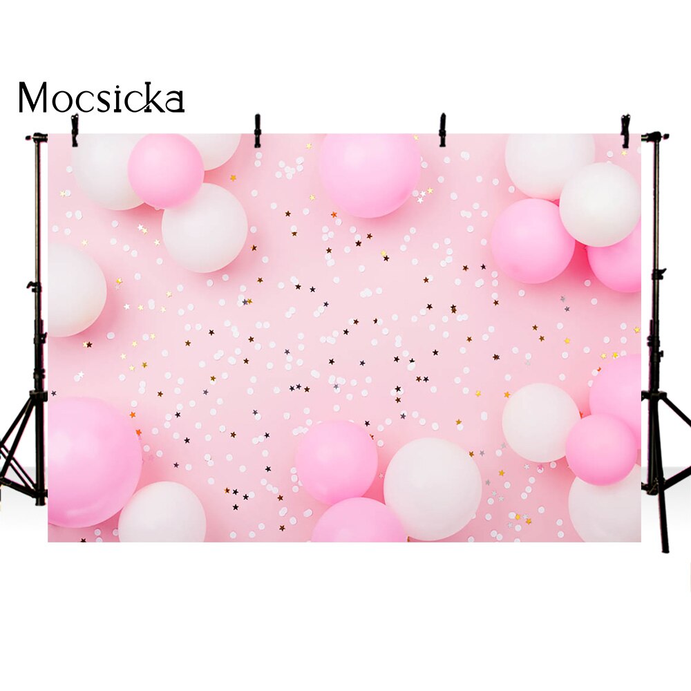 Różowe balony i konfetti dziewczyny noworodka 1 urodziny dziecko ciasto Samsh tło nowonarodzone dzieci portret zdjęcie tło Banner: Poly--220x150cm