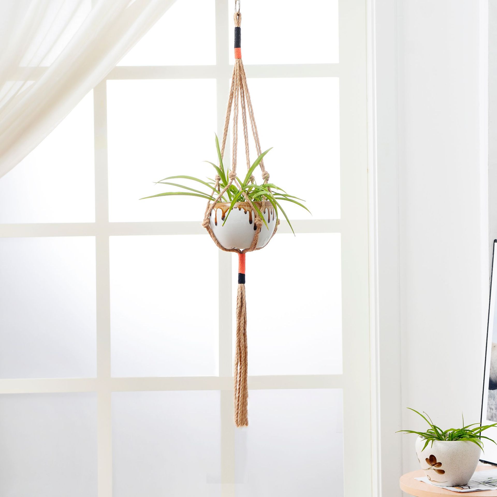 Huishoudelijke tuin handgeweven touwzak, eenvoudige stijl tuinieren natuurlijk henneptouw bloempot groene plant hangend type tuck net