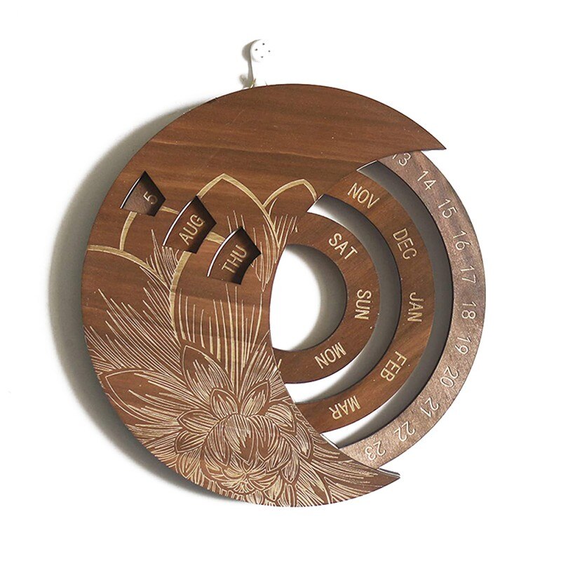 Round Wooden Moon Adjustable Perpetual Wall Calendar Rotatable Circular DIY Hand-Carved Calendar Retro Home Decoration: B