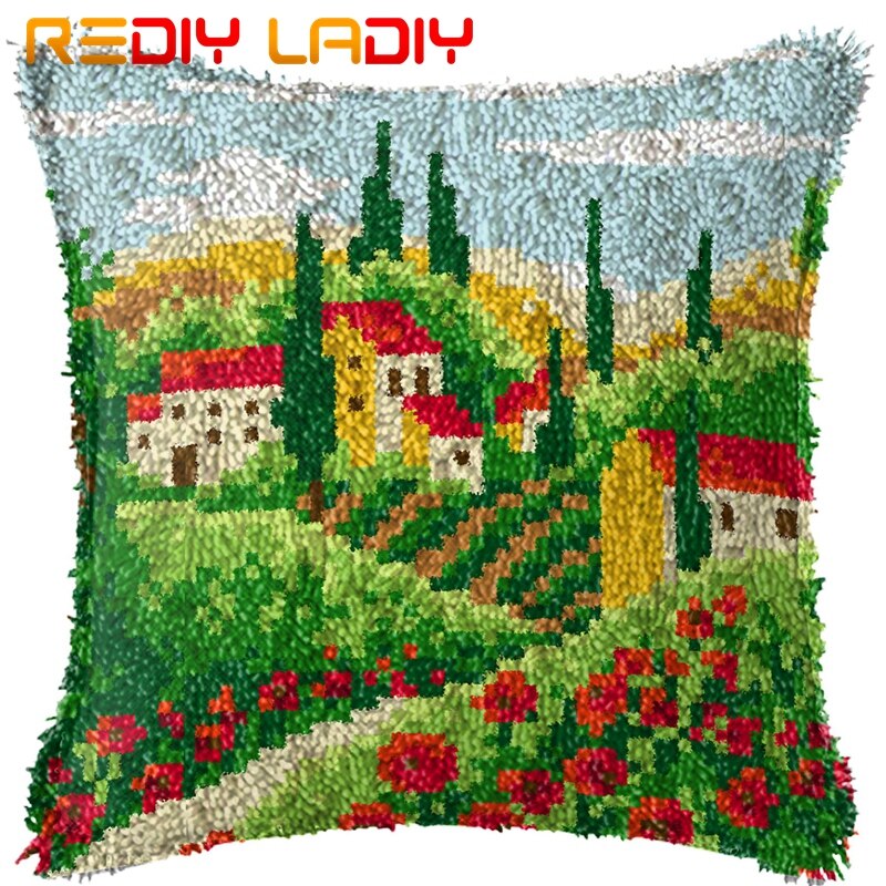 Kits de ganchos de pestillo para hacer tu propio cojín, paisaje de costa, funda de almohada de ganchillo de lona impresa, funda de cojín con gancho de pestillo, Hobby y manualidades: BZ379