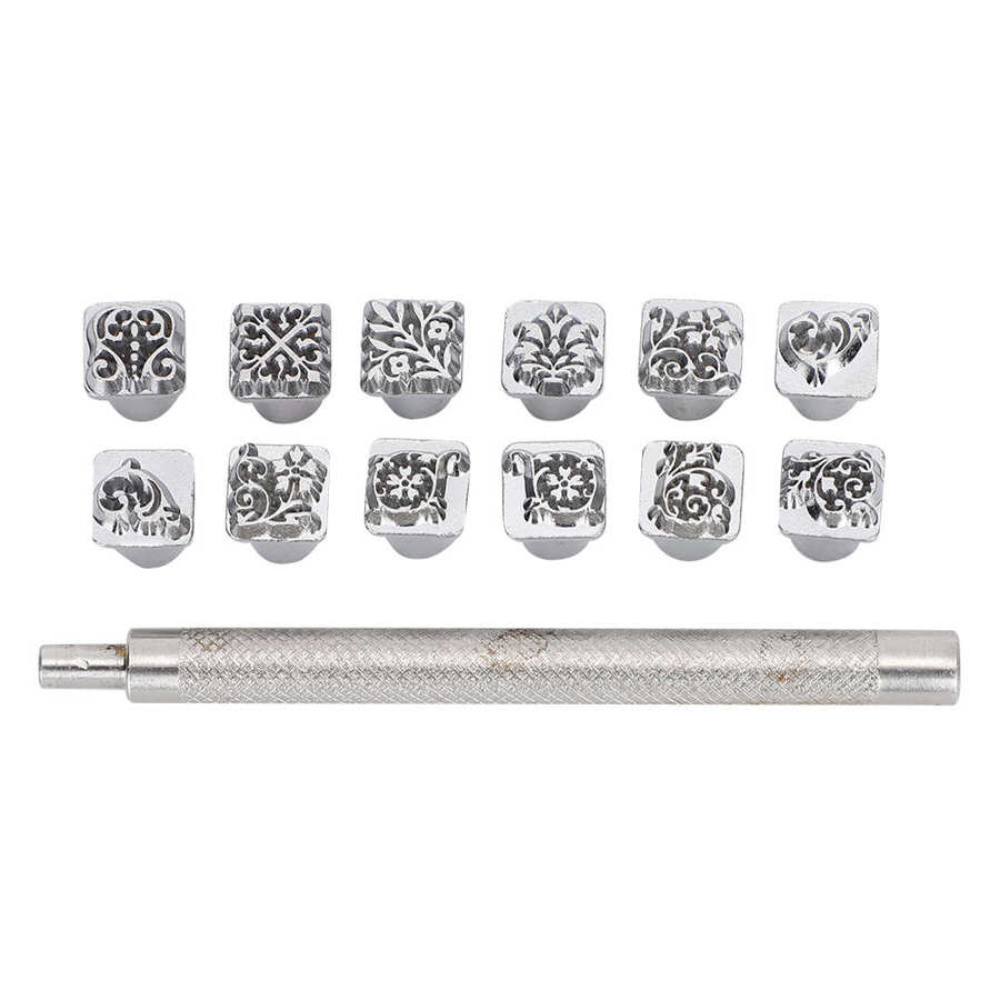 12 st metall stämpel stansverktyg tang dynastin blomma gör det själv vegetabiliskt läder stamper läder hantverk utskrift punch stämplar set: A