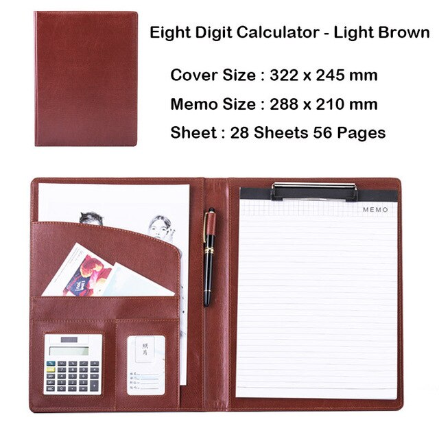 Business Office Folder Multifunctional Office Organizer with Calculator Clip A4 Leather Folder Folder Briefcase Office Supplies: B  light brown