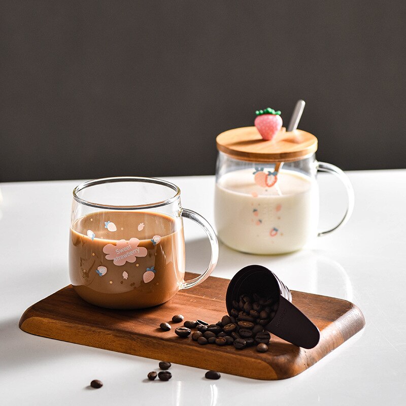 Spoon with lid cartoon strawberry cute water cup transparent cup drinking borosilicate cup coffee milk juice drink cup
